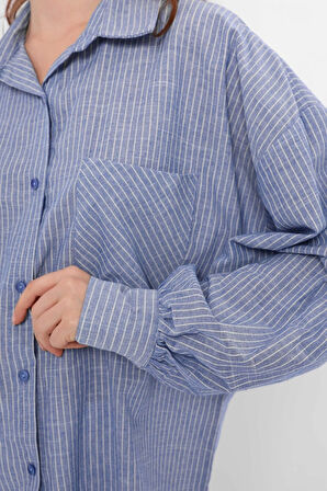 Mavi - Balon Kollu Çizgili Gömlek