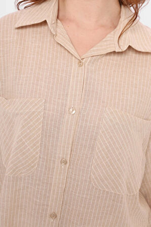 Bej - Balon Kollu Çizgili Gömlek