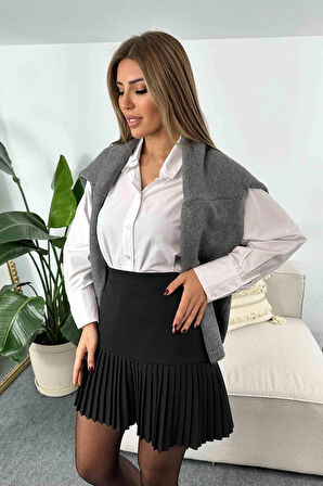 Siyah - Pileli Mini Etek