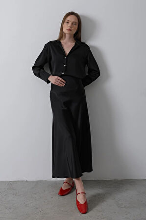 Siyah - Saten Uzun Etek