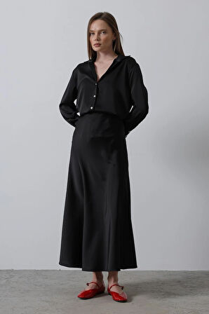 Siyah - Saten Uzun Etek