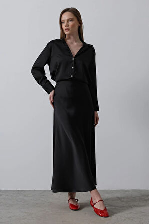 Siyah - Saten Uzun Etek