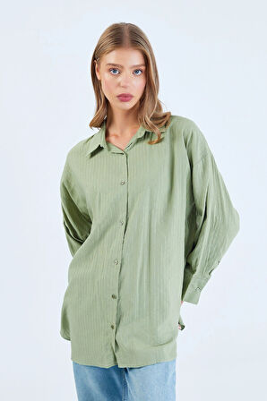 Yeşil - Çizgili Uzun Kol Gömlek