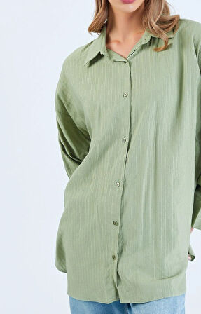 Yeşil - Çizgili Uzun Kol Gömlek