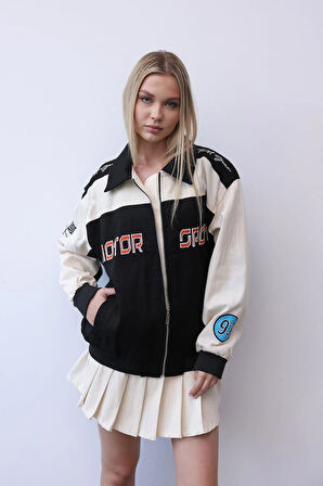 Siyah - Unisex Gabardin Motorcu Ceketi