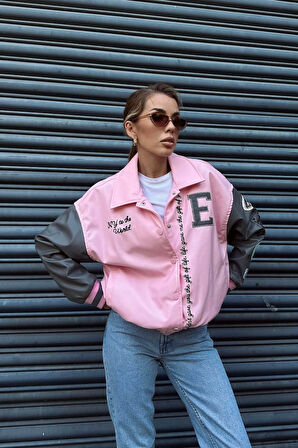 Pembe - Nakış İşlemeli Pembe Deri Ceket