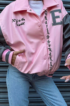 Pembe - Nakış İşlemeli Pembe Deri Ceket