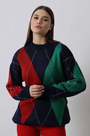 Yeşil - Baklava Desen Sakallı Kazak