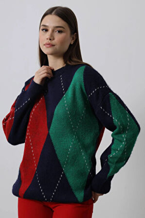 Yeşil - Baklava Desen Sakallı Kazak