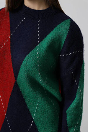 Yeşil - Baklava Desen Sakallı Kazak