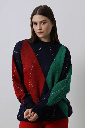 Yeşil - Baklava Desen Sakallı Kazak