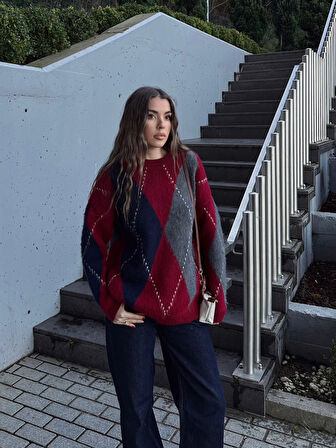 Bordo - Baklava Desen Sakallı Kazak