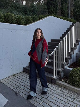 Bordo - Baklava Desen Sakallı Kazak