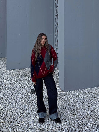 Bordo - Baklava Desen Sakallı Kazak