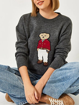 Antrasit - Ayıcıklı Teddy Kazak