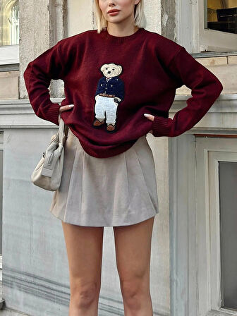 Bordo - Ayıcıklı Teddy Kazak