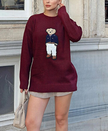 Bordo - Ayıcıklı Teddy Kazak