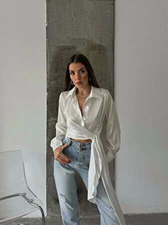 Beyaz - Uzun Kollu Bağlamalı Saten Gömlek