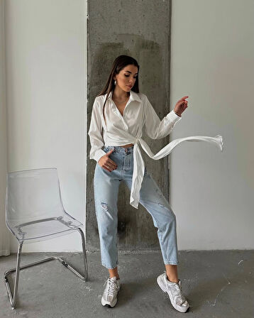 Beyaz - Uzun Kollu Bağlamalı Saten Gömlek