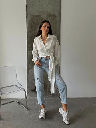 Beyaz - Uzun Kollu Bağlamalı Saten Gömlek