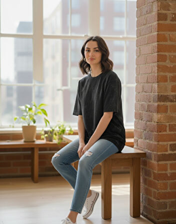 Siyah - ZR Yıkamalı Oversize Tshirt