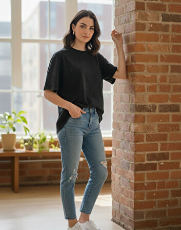 Siyah - ZR Yıkamalı Oversize Tshirt