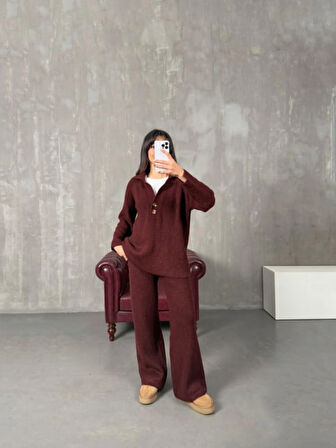 Bordo - Polo Yaka Fitilli Triko Takım