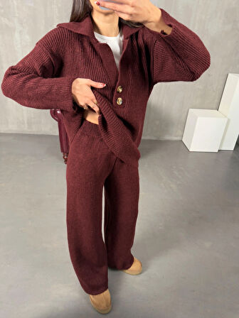 Bordo - Polo Yaka Fitilli Triko Takım