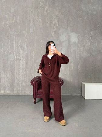 Bordo - Polo Yaka Fitilli Triko Takım