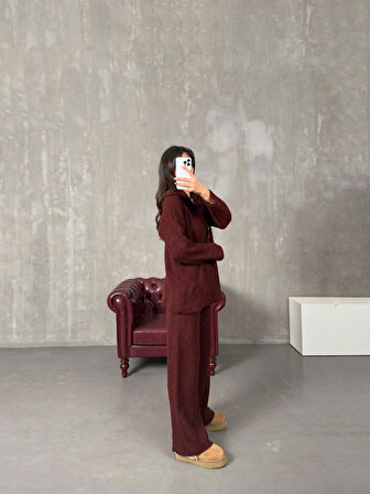 Bordo - Polo Yaka Fitilli Triko Takım