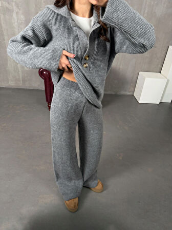 Gri - Polo Yaka Fitilli Triko Takım