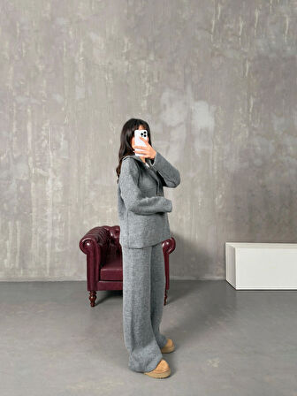 Gri - Polo Yaka Fitilli Triko Takım