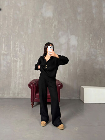 Siyah - Polo Yaka Fitilli Triko Takım