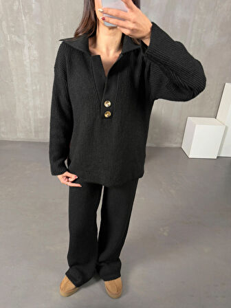 Siyah - Polo Yaka Fitilli Triko Takım