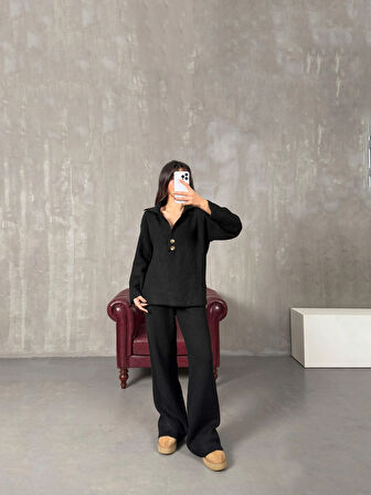 Siyah - Polo Yaka Fitilli Triko Takım