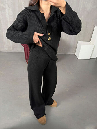 Siyah - Polo Yaka Fitilli Triko Takım