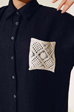 Siyah - Hasır Cepli Keten Gömlek