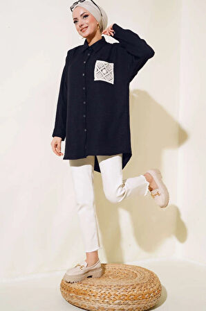 Siyah - Hasır Cepli Keten Gömlek