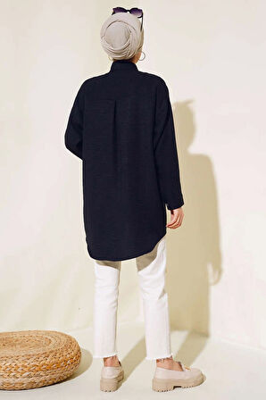 Siyah - Hasır Cepli Keten Gömlek