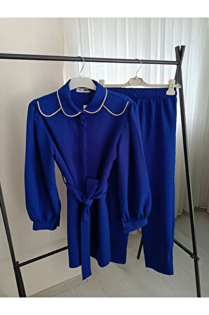 Lacivert - Taşlı Gömlek Pantolon Takım