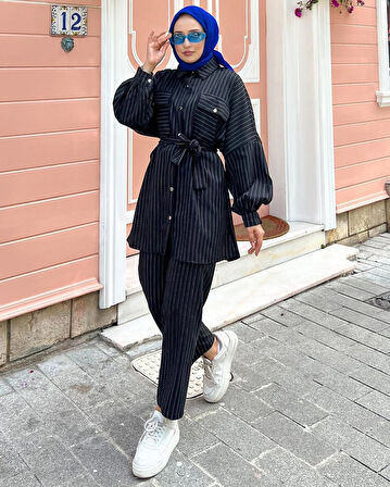 Lacivert - Kemerli Çizgili Gömlek Takım