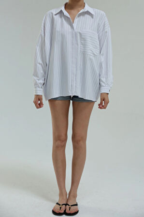 Beyaz - Asimetrik Çizgi Cepli Gömlek