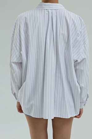 Beyaz - Asimetrik Çizgi Cepli Gömlek