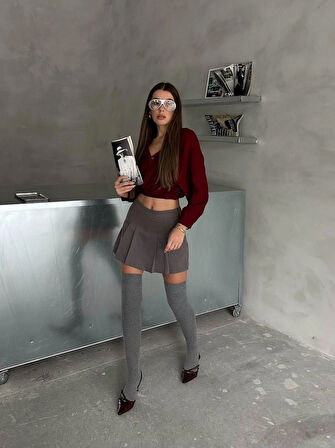 Antrasit - Pileli Şort Etek