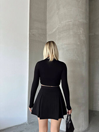 Siyah - Pileli Mini Şort Etek