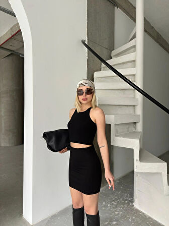 Siyah - Çelik Örme Mini Etek