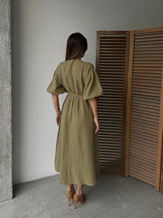 Haki - V Yaka Bağlamalı Müslin Kumaş Beli Lastikli Balon Kol Midi Elbise