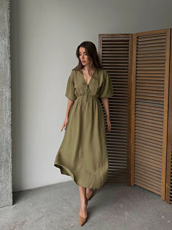 Haki - V Yaka Bağlamalı Müslin Kumaş Beli Lastikli Balon Kol Midi Elbise