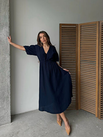 Lacivert - V Yaka Bağlamalı Müslin Kumaş Beli Lastikli Balon Kol Midi Elbise