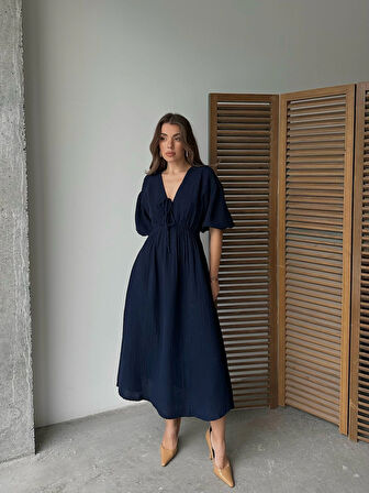 Lacivert - V Yaka Bağlamalı Müslin Kumaş Beli Lastikli Balon Kol Midi Elbise